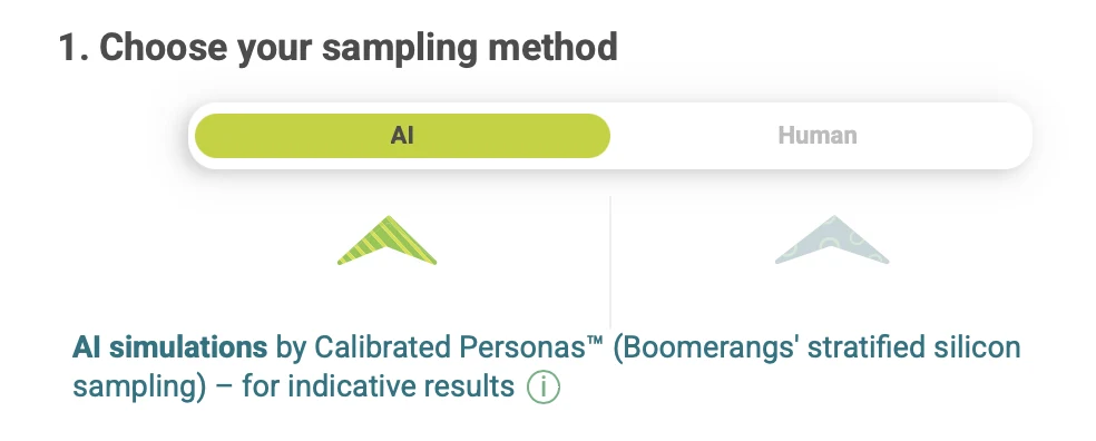 BoomSuite, étape 1 «Choose your sampling method» : interrupteur sur AI, AI simulations by Calibrated Personas™ pour des résultats indicatifs.
